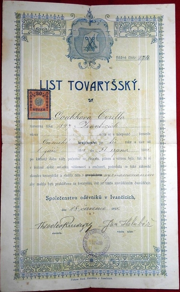 list tovaryšský, krejčovství, 1915