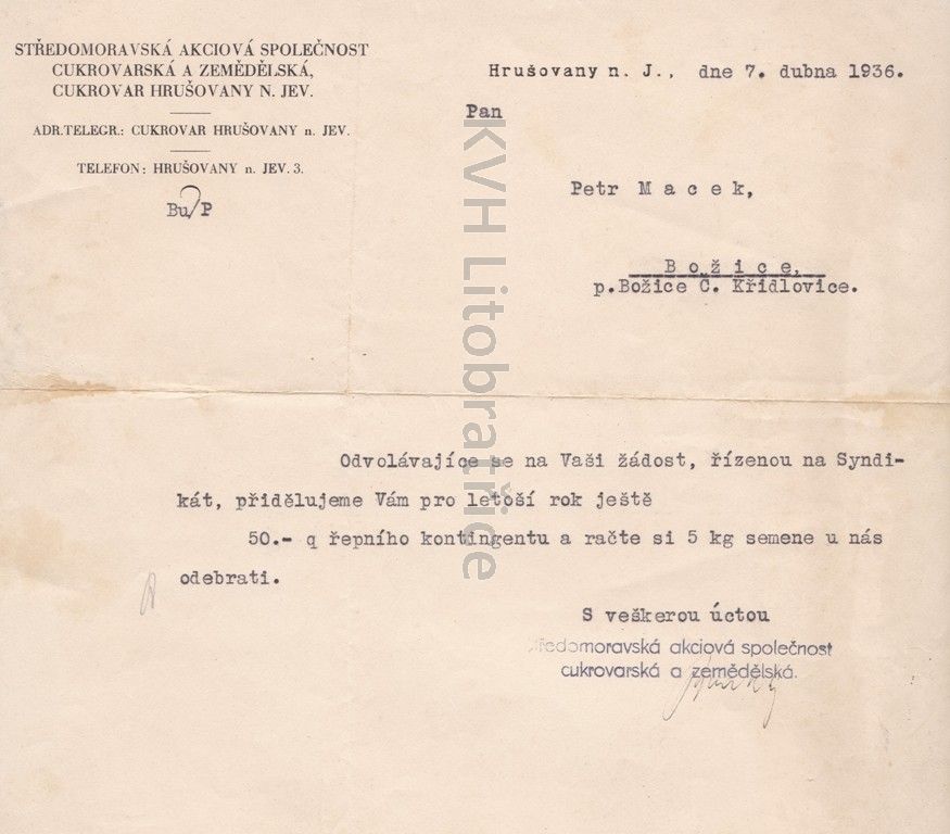 dopis,cukrovar Hrušovany n. Jev. 1936