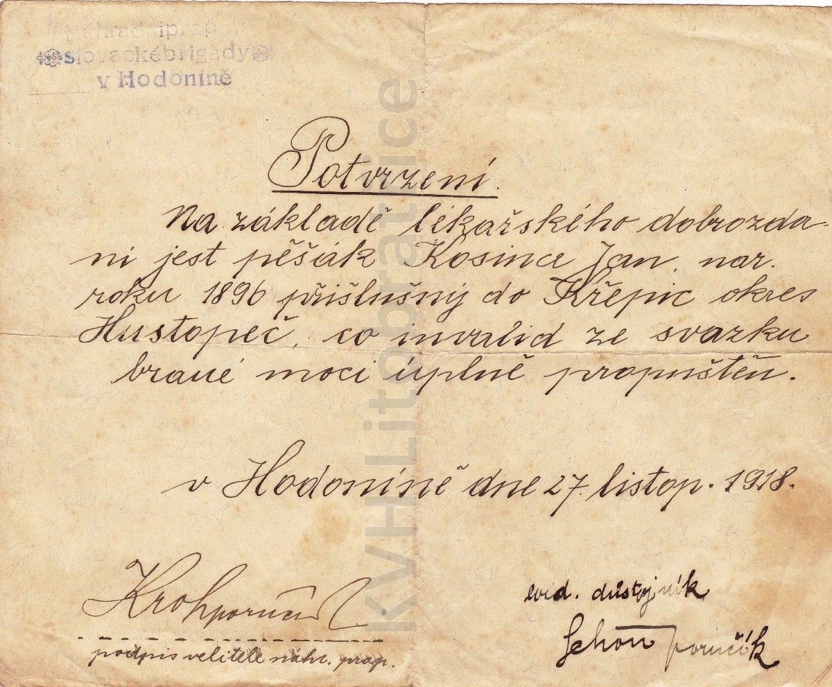 (A) potvrzení 1918, náhradní prapor slovácké brigády v Hodoníne