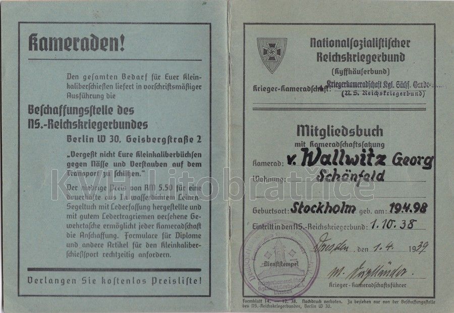Nationalsozialistischer Reichskriegerbund Mitgliedsbuch 1