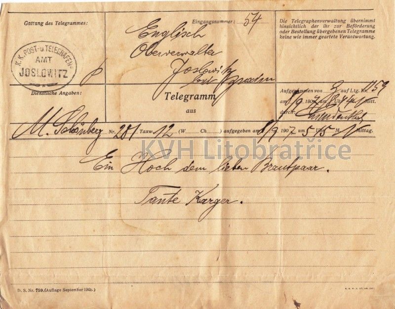 Telegramm, K.K. Post Amt Joslowitz